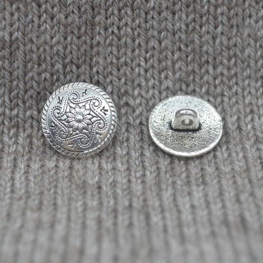 Carved pattern motif silver metal shank buttons in a zinc based alloy 15mm 5/8"