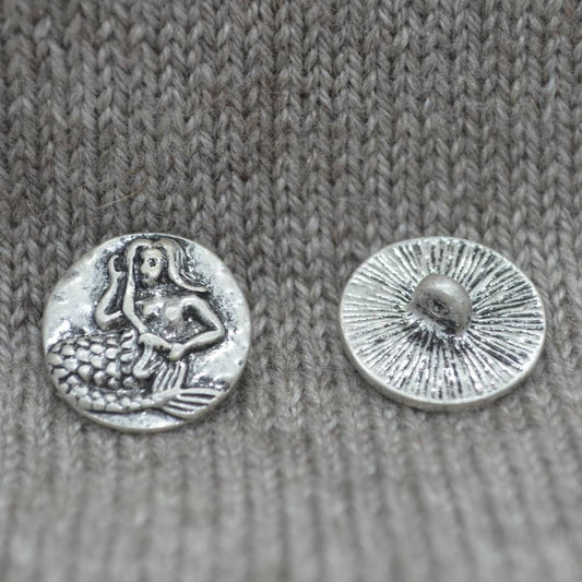 Mermaid motif silver metal shank buttons in a zinc based alloy 19mm 6/8"