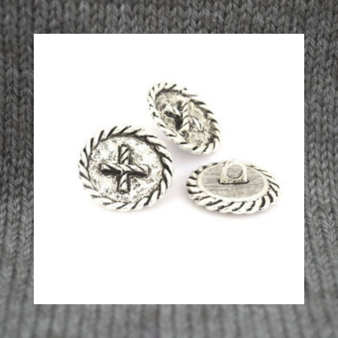 Cabled Cross metal shank buttons in a zinc based alloy, silver, 20mm 6/8"