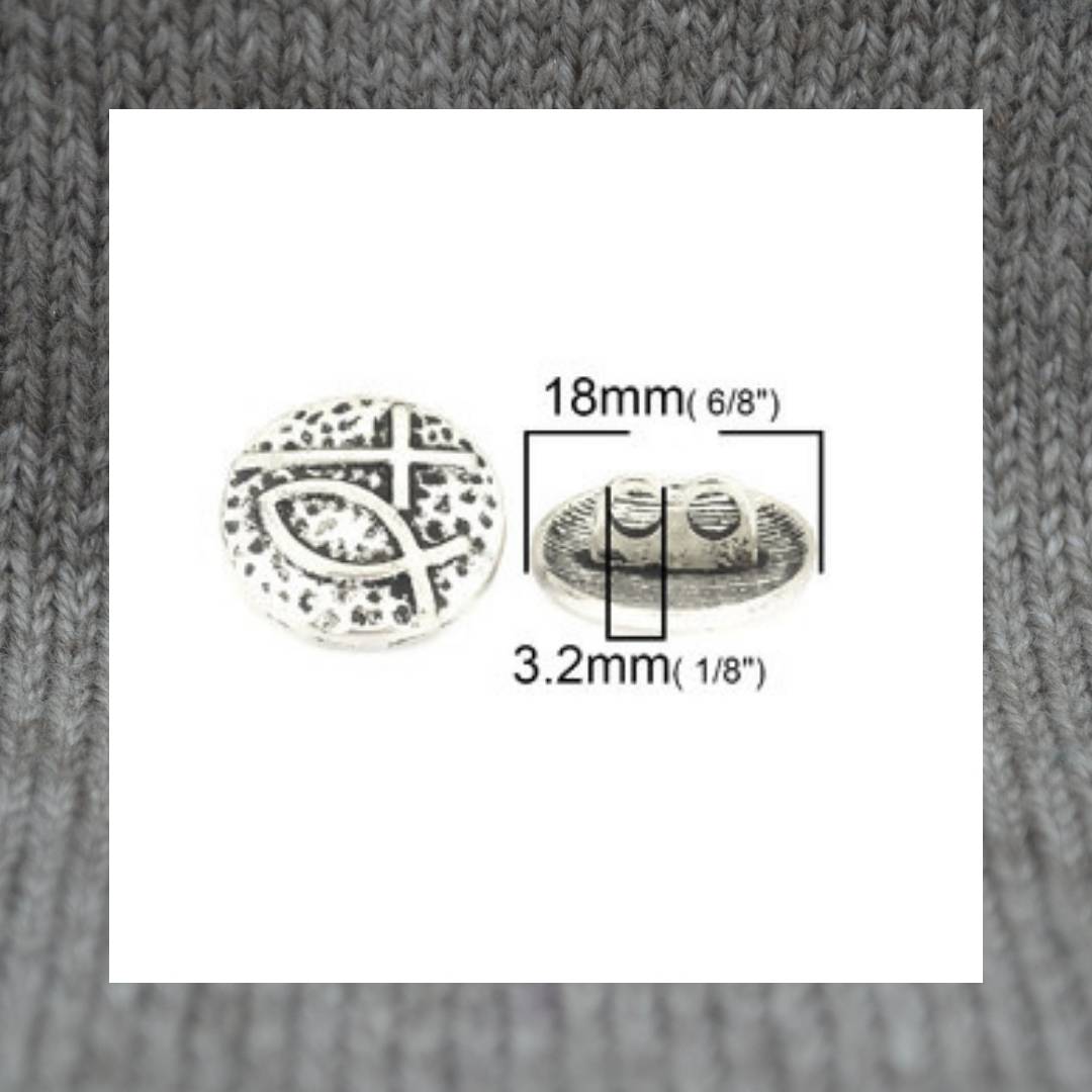 Cross & Ichthys metal shank buttons in a zinc based alloy, silver, 18mm 6/8"