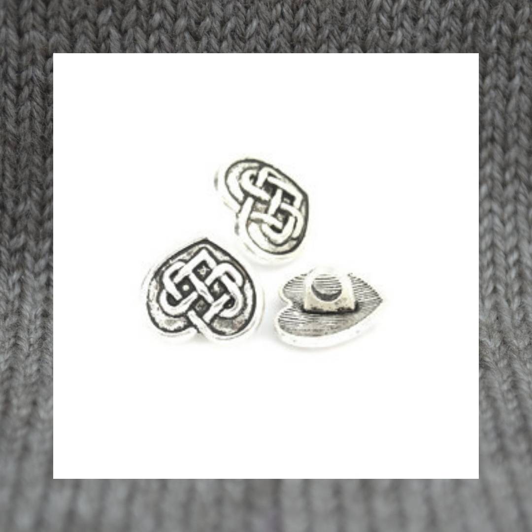 Celtic Knot Heart metal shank buttons in a zinc based alloy, antique silver 14mm 13mm 4/8"