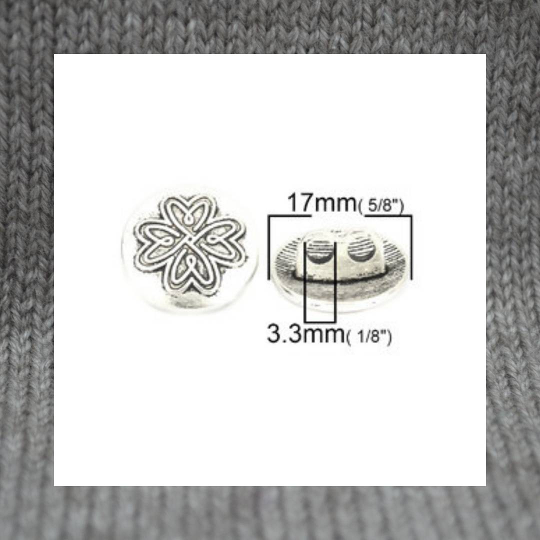 Heart Flower metal shank buttons in a zinc based alloy, antique silver, 17mm 5/8"