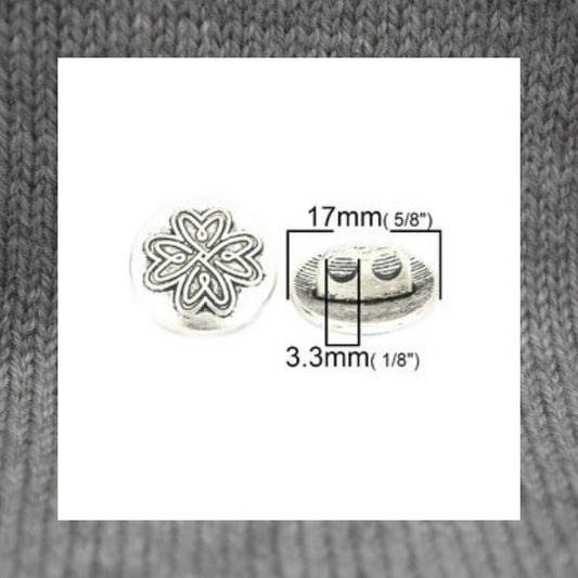 Heart Flower metal shank buttons in a zinc based alloy, antique silver, 17mm 5/8"