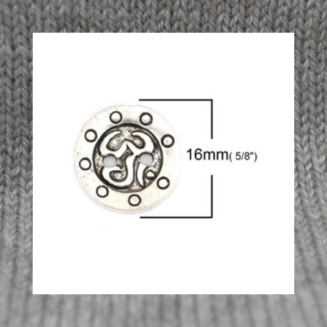 Om Symbol metal buttons in a zinc based alloy, antique silver, 16mm 5/8"
