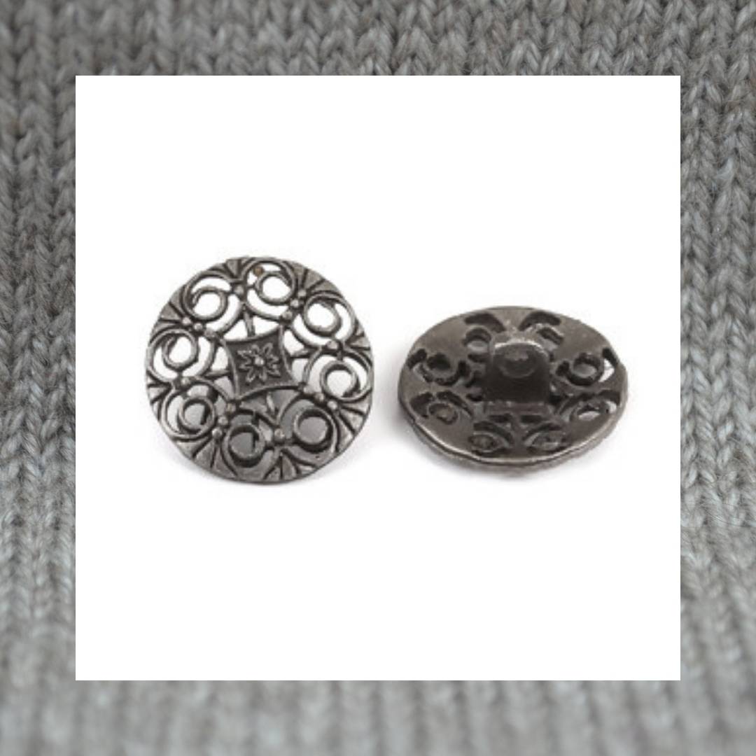 Hollow Flower pattern metal shank buttons in a zinc based alloy, dark antique silver, 18mm 6/8"