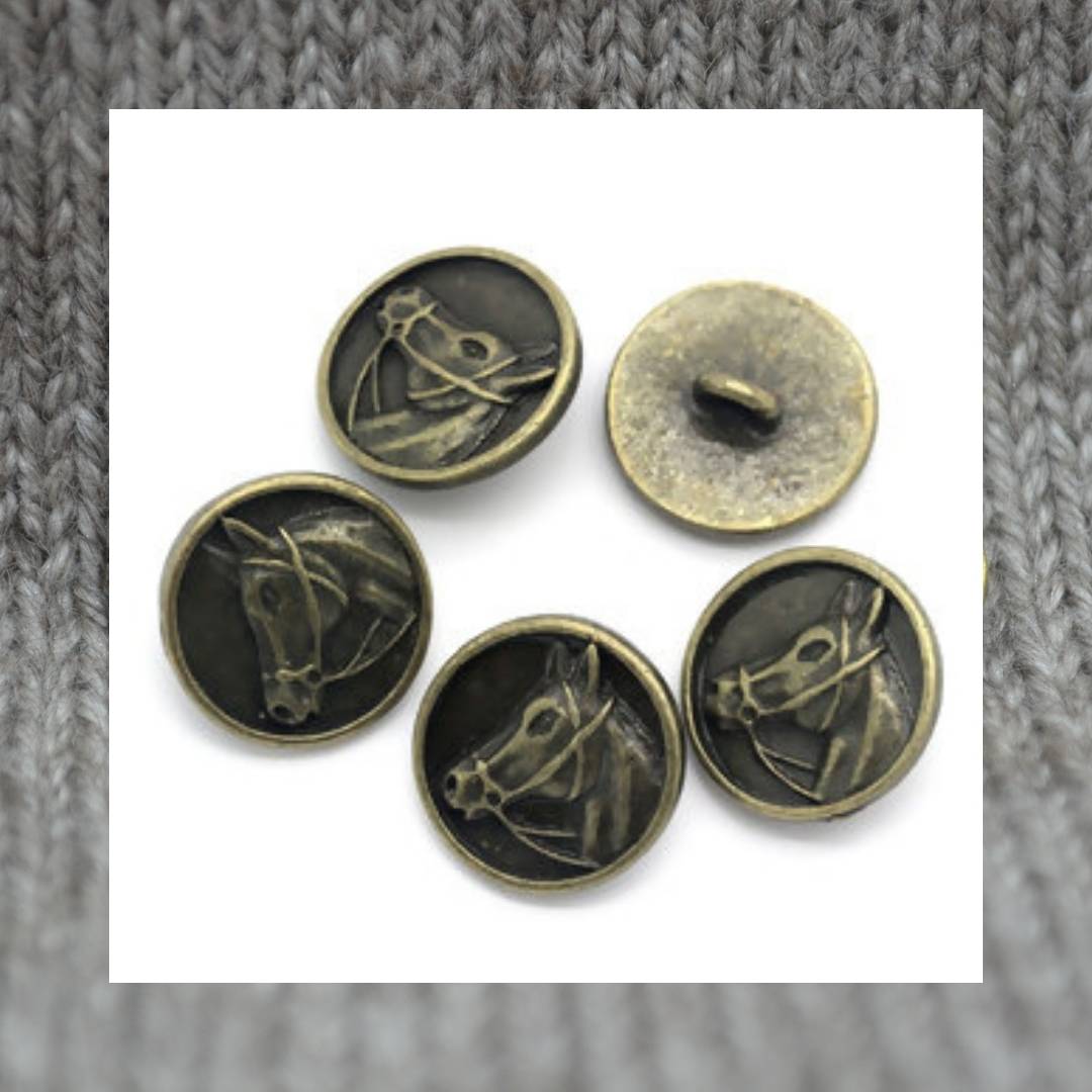 Horse motif filled metal shank buttons in a zinc based alloy, antique bronze, 15mm 5/8"