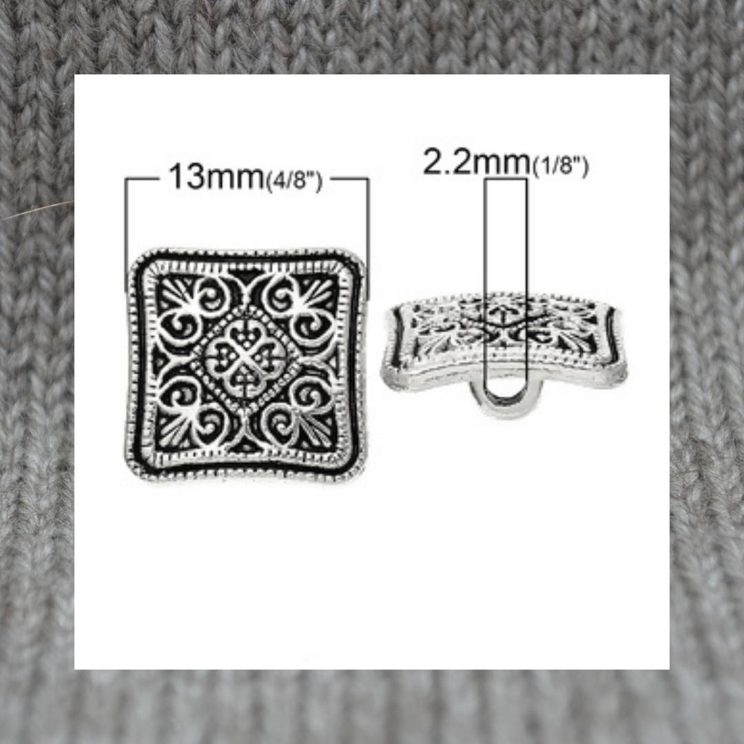 Square Flower pattern metal shank buttons in a zinc based alloy, antique silver, 13mm 4/8"