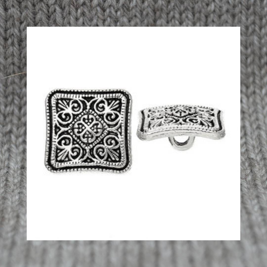 Square Flower pattern metal shank buttons in a zinc based alloy, antique silver, 13mm 4/8"