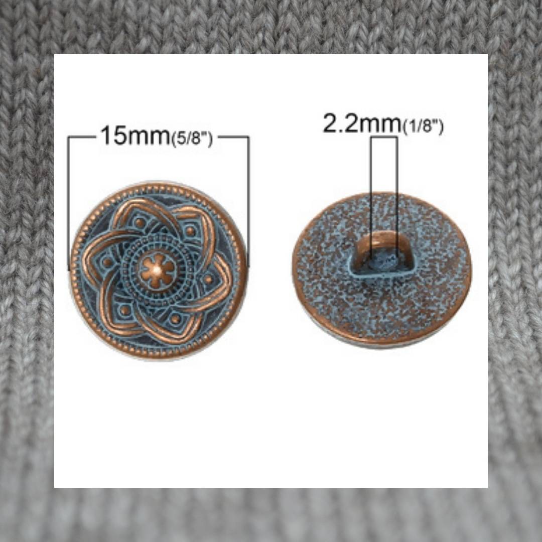 Flower metal shank buttons in a zinc based alloy, antique copper blue patina, 15mm 5/8"