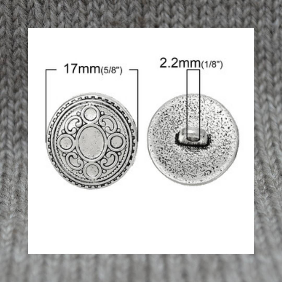 Circle metal shank buttons in a zinc based alloy, antique silver, 17mm 5/8"