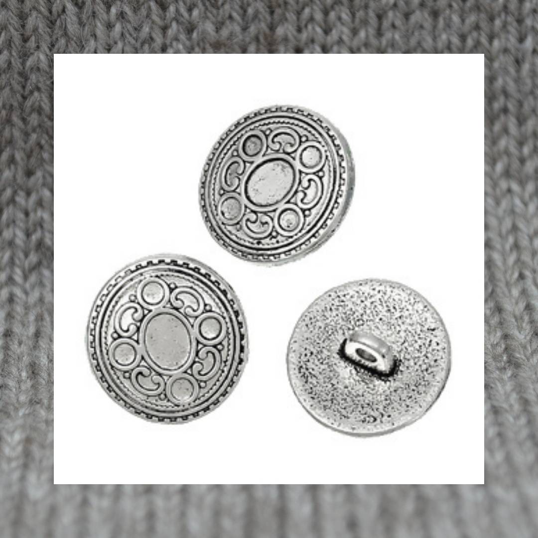 Circle metal shank buttons in a zinc based alloy, antique silver, 17mm 5/8"