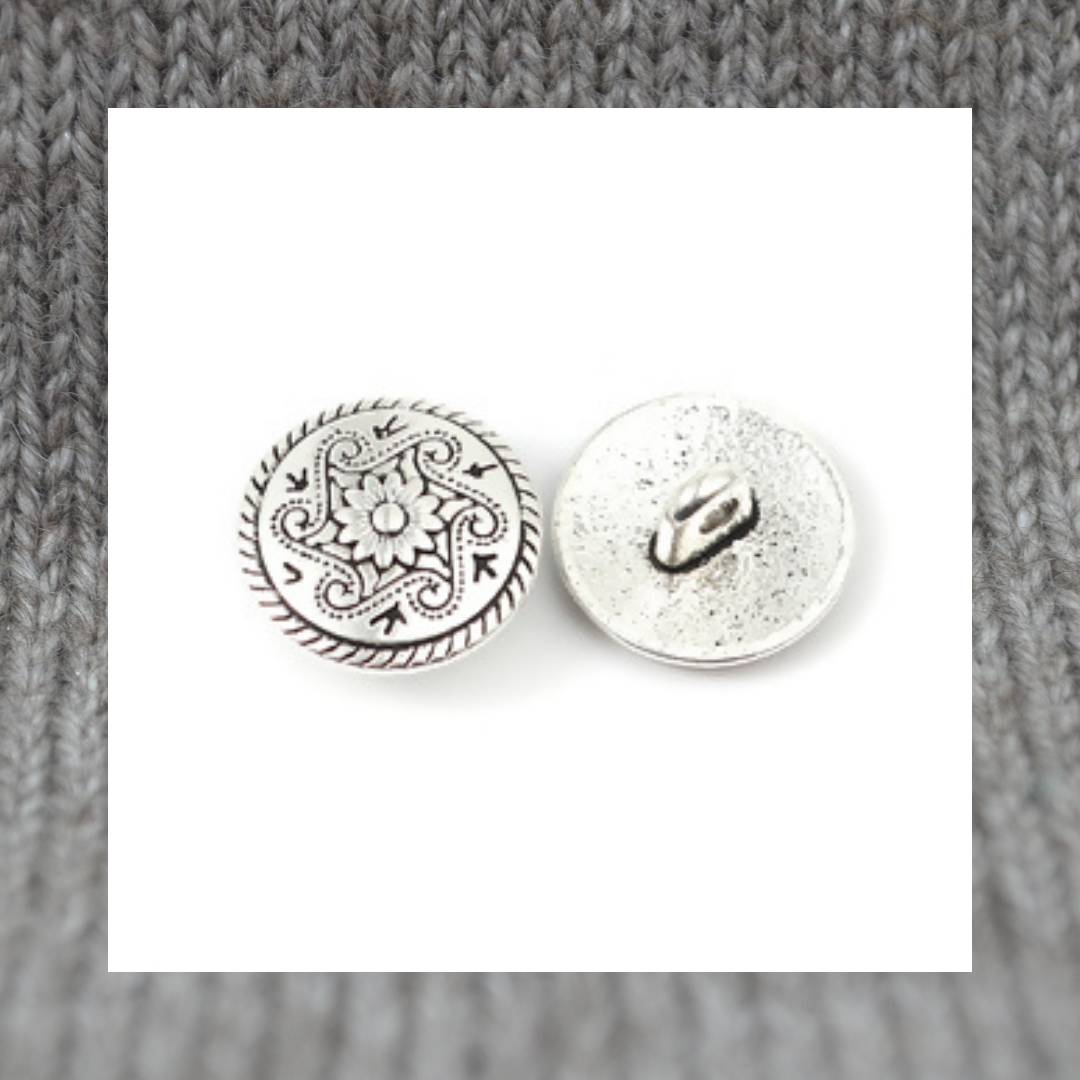 Carved pattern motif silver metal shank buttons in a zinc based alloy 15mm 5/8"