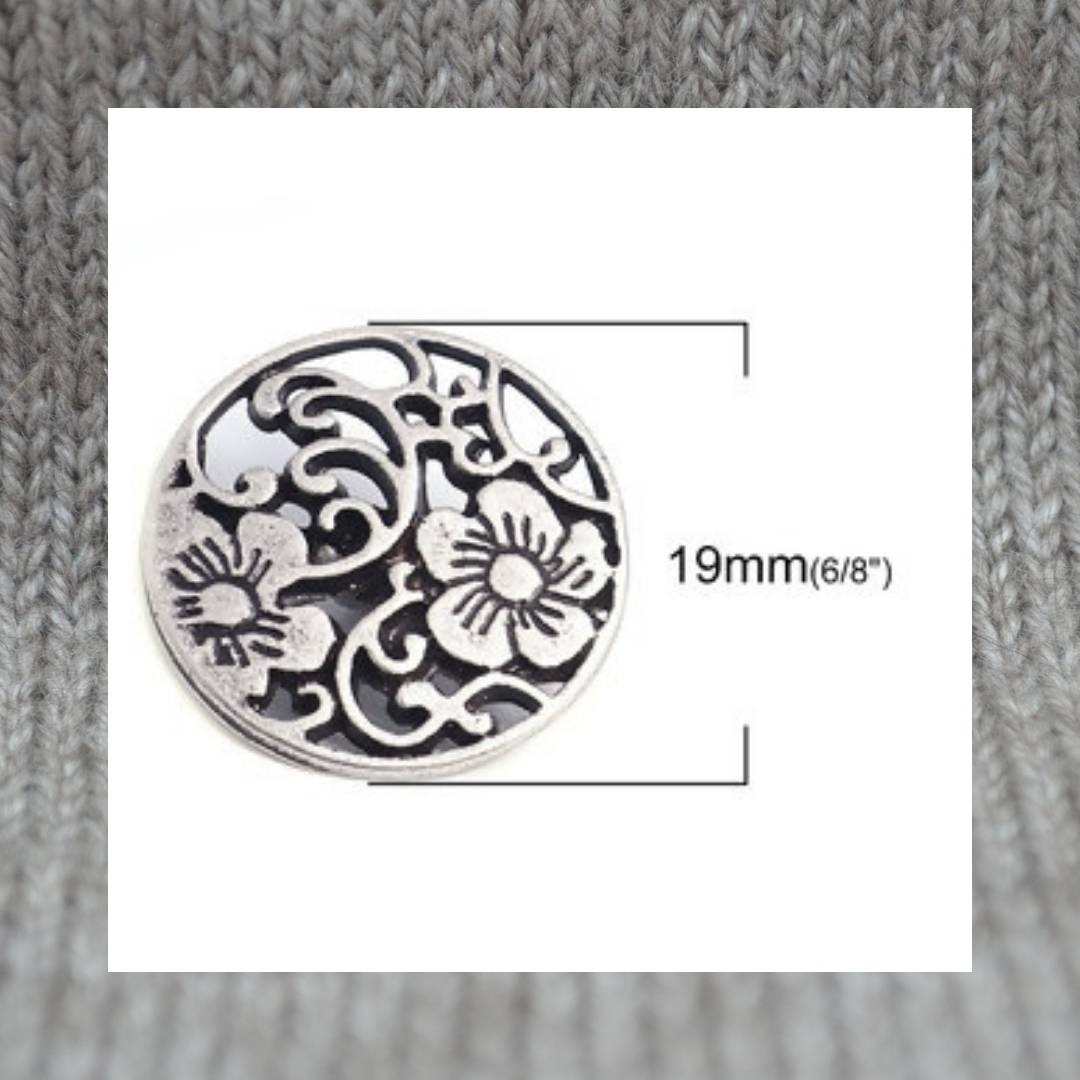 Filled Filigree Carved Flower Pattern - Antique Silver Shank Buttons 19mm / 6/8"