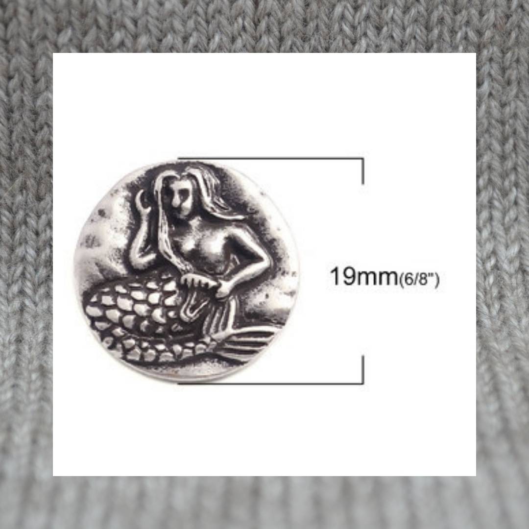 Mermaid motif silver metal shank buttons in a zinc based alloy 19mm 6/8"