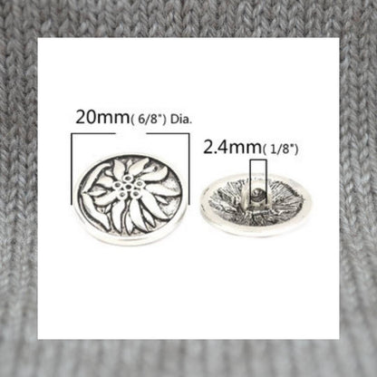 Edelweiss - Boutons à tige en argent antique 14 mm x 14 mm