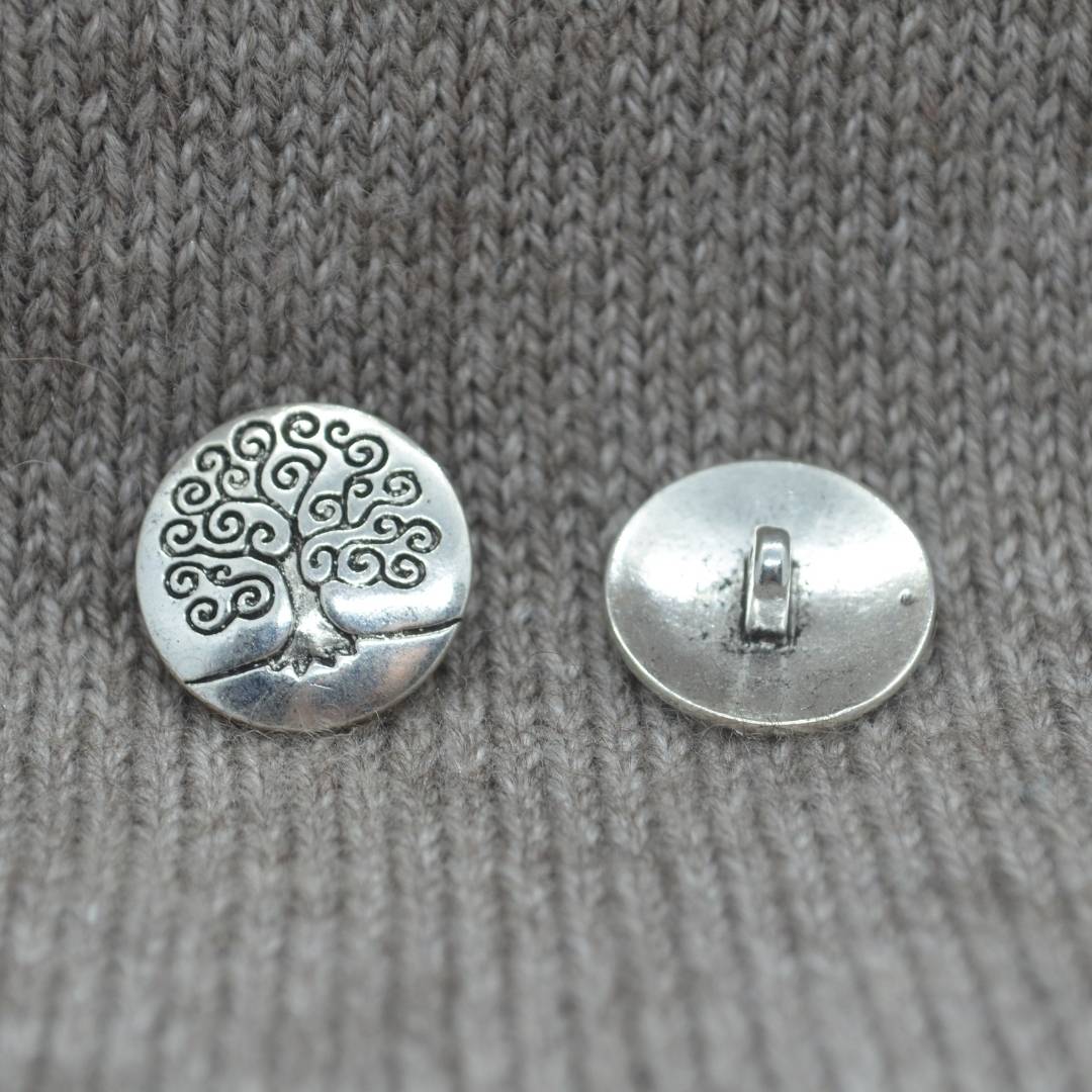 Tree of Life motif metal shank buttons in a zinc based alloy, silver, 19mm 6/8"