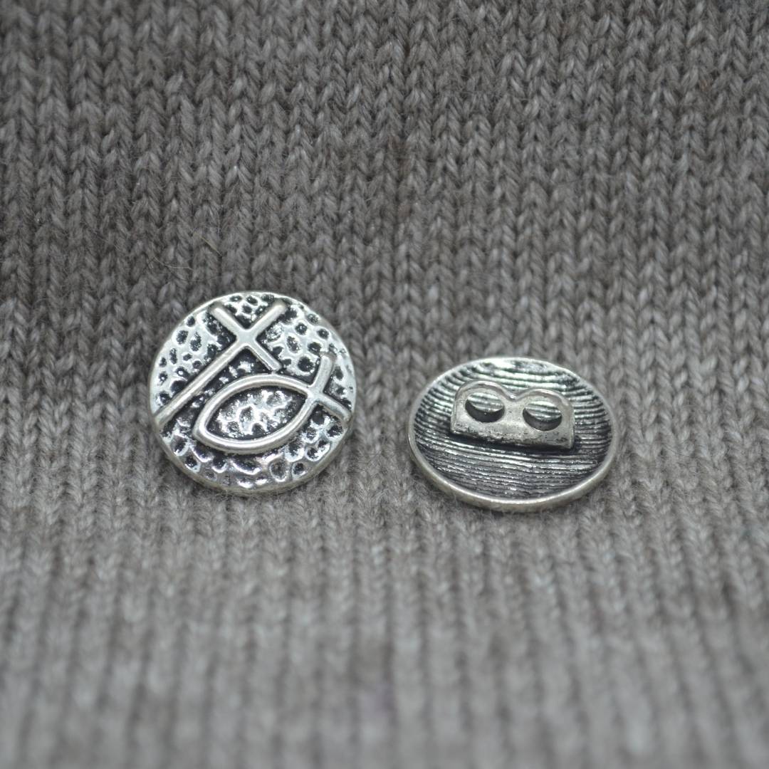Cross & Ichthys metal shank buttons in a zinc based alloy, silver, 18mm 6/8"
