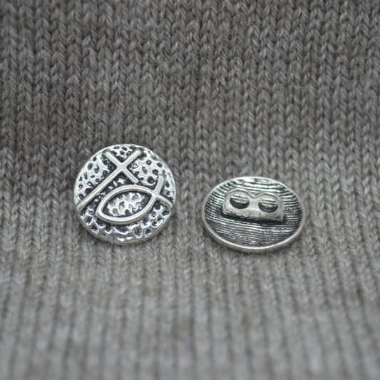 Cross & Ichthys metal shank buttons in a zinc based alloy, silver, 18mm 6/8"