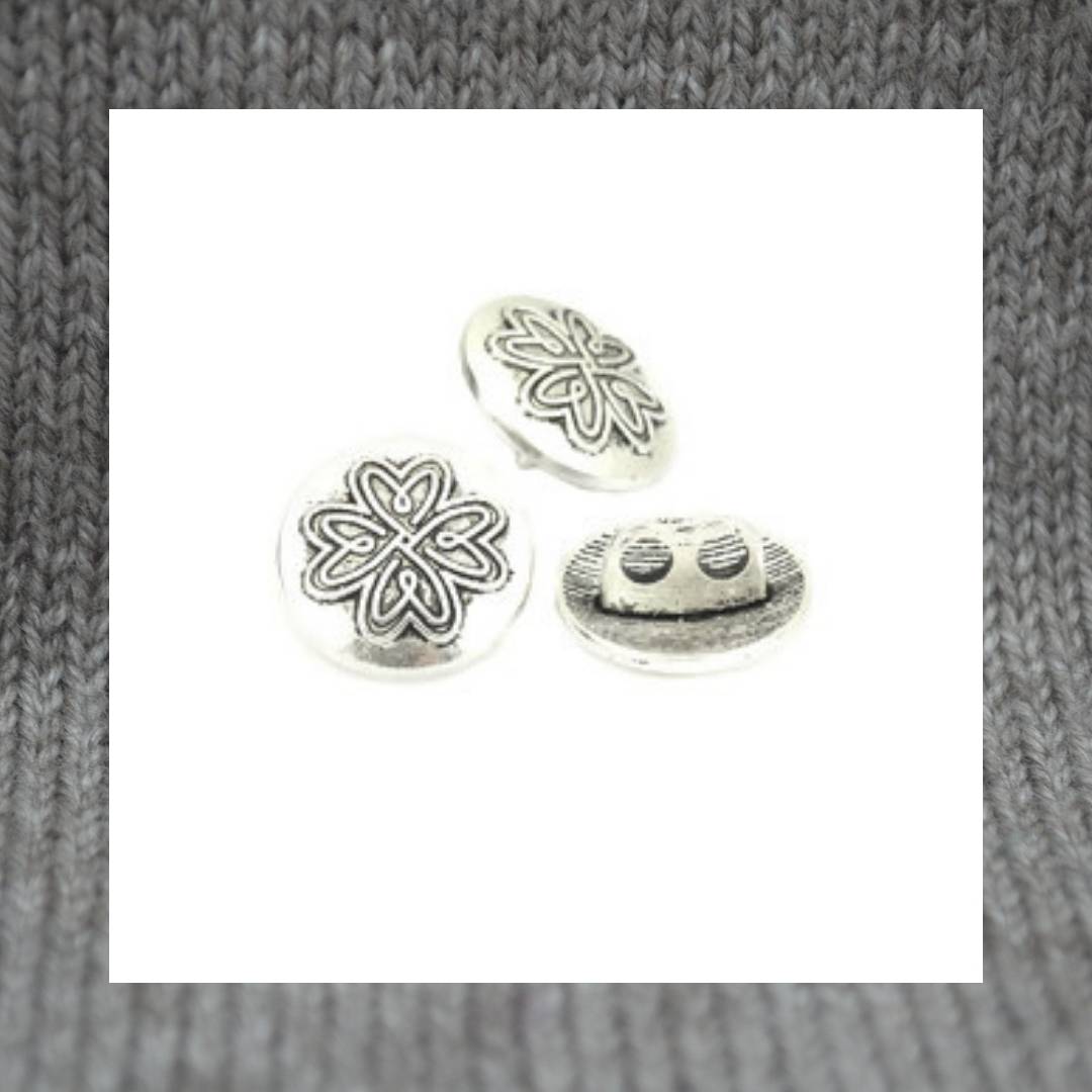 Heart Flower metal shank buttons in a zinc based alloy, antique silver, 17mm 5/8"
