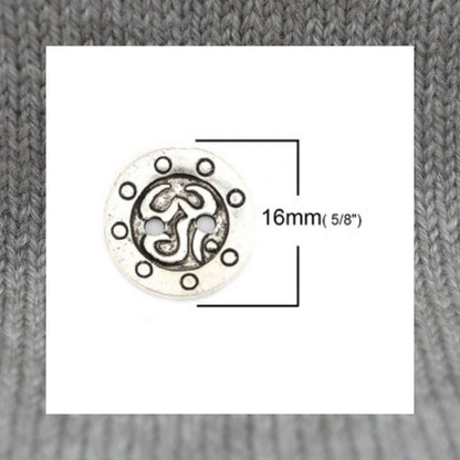 Om Symbol metal buttons in a zinc based alloy, antique silver, 16mm 5/8"