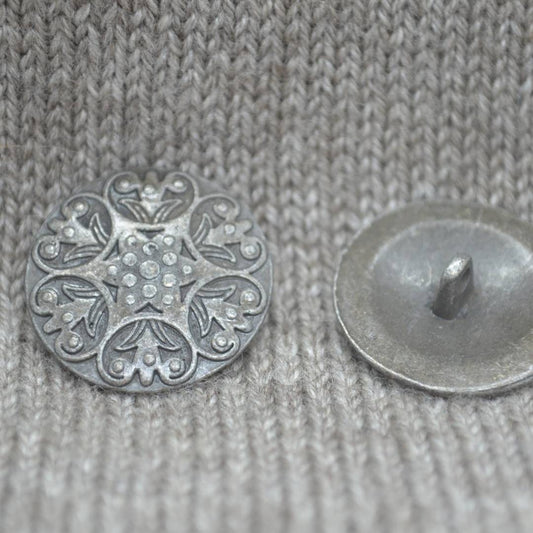 Carved Flower pattern metal shank buttons in a zinc based alloy, dark antique silver, 25mm 1"
