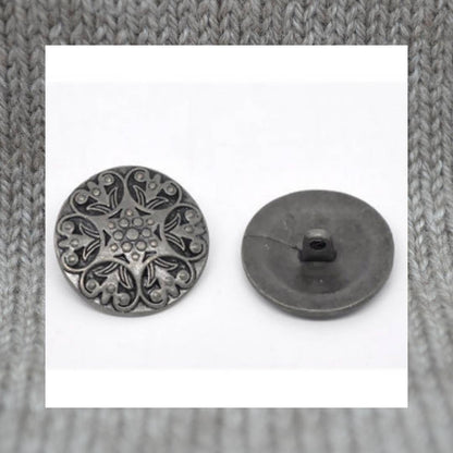 Carved Flower pattern metal shank buttons in a zinc based alloy, dark antique silver, 25mm 1"