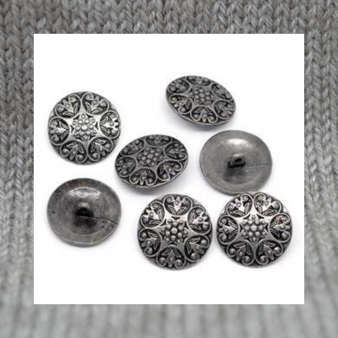 Carved Flower pattern metal shank buttons in a zinc based alloy, dark antique silver, 25mm 1"