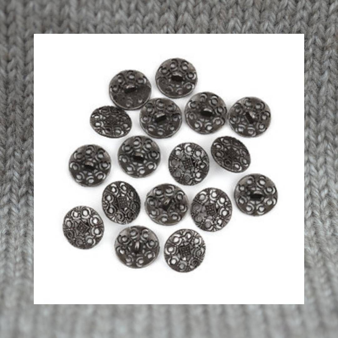 Hollow Flower pattern metal shank buttons in a zinc based alloy, dark antique silver, 18mm 6/8"