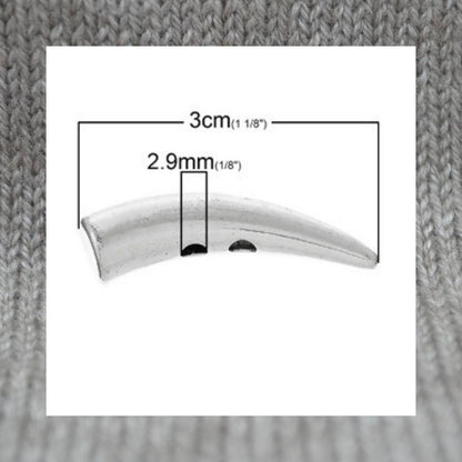 Two hole horn-shaped metal buttons in a zinc based alloy, antique silver, 30mm x 8mm 1 1/8" x 6/8"