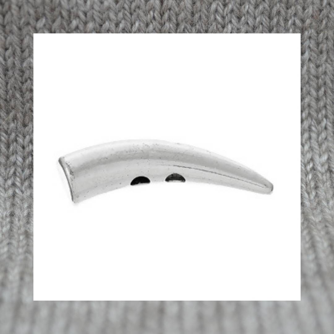 Two hole horn-shaped metal buttons in a zinc based alloy, antique silver, 30mm x 8mm 1 1/8" x 6/8"
