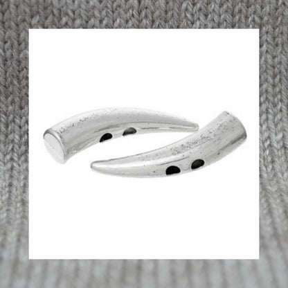 Two hole horn-shaped metal buttons in a zinc based alloy, antique silver, 30mm x 8mm 1 1/8" x 6/8"