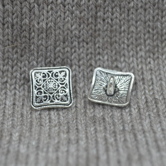 Square Flower pattern metal shank buttons in a zinc based alloy, antique silver, 13mm 4/8"