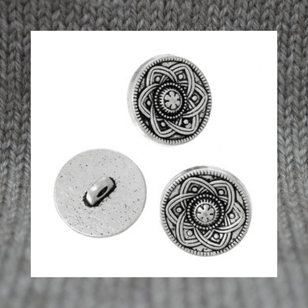 Flower pattern metal shank buttons in a zinc based alloy, antique silver, 15mm 5/8"