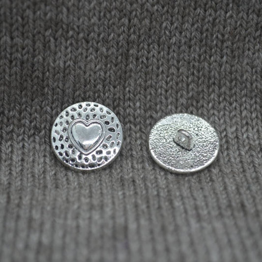 Heart metal shank buttons in a zinc based alloy, antique silver, 18mm 6/8"