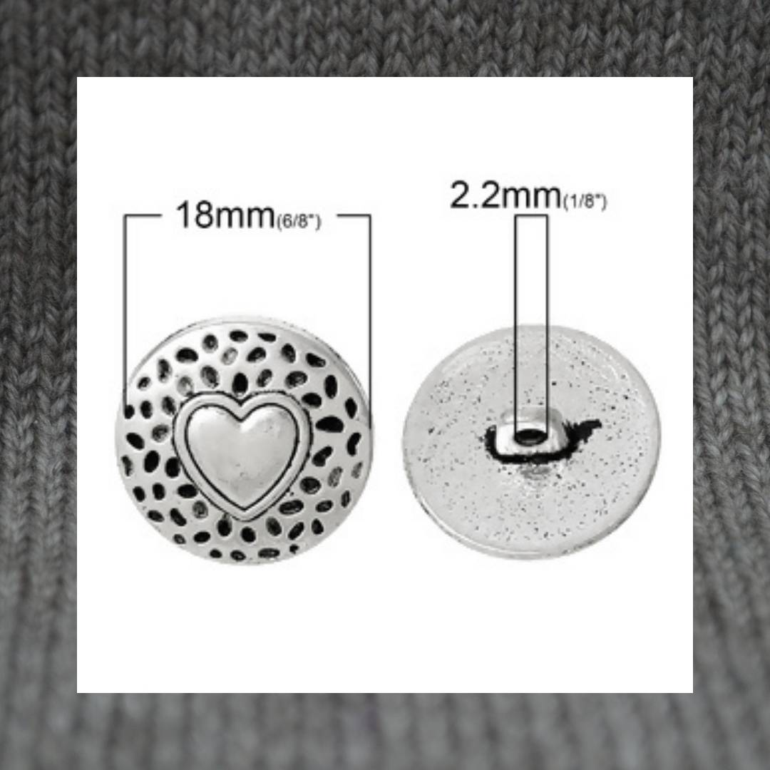 Heart metal shank buttons in a zinc based alloy, antique silver, 18mm 6/8"