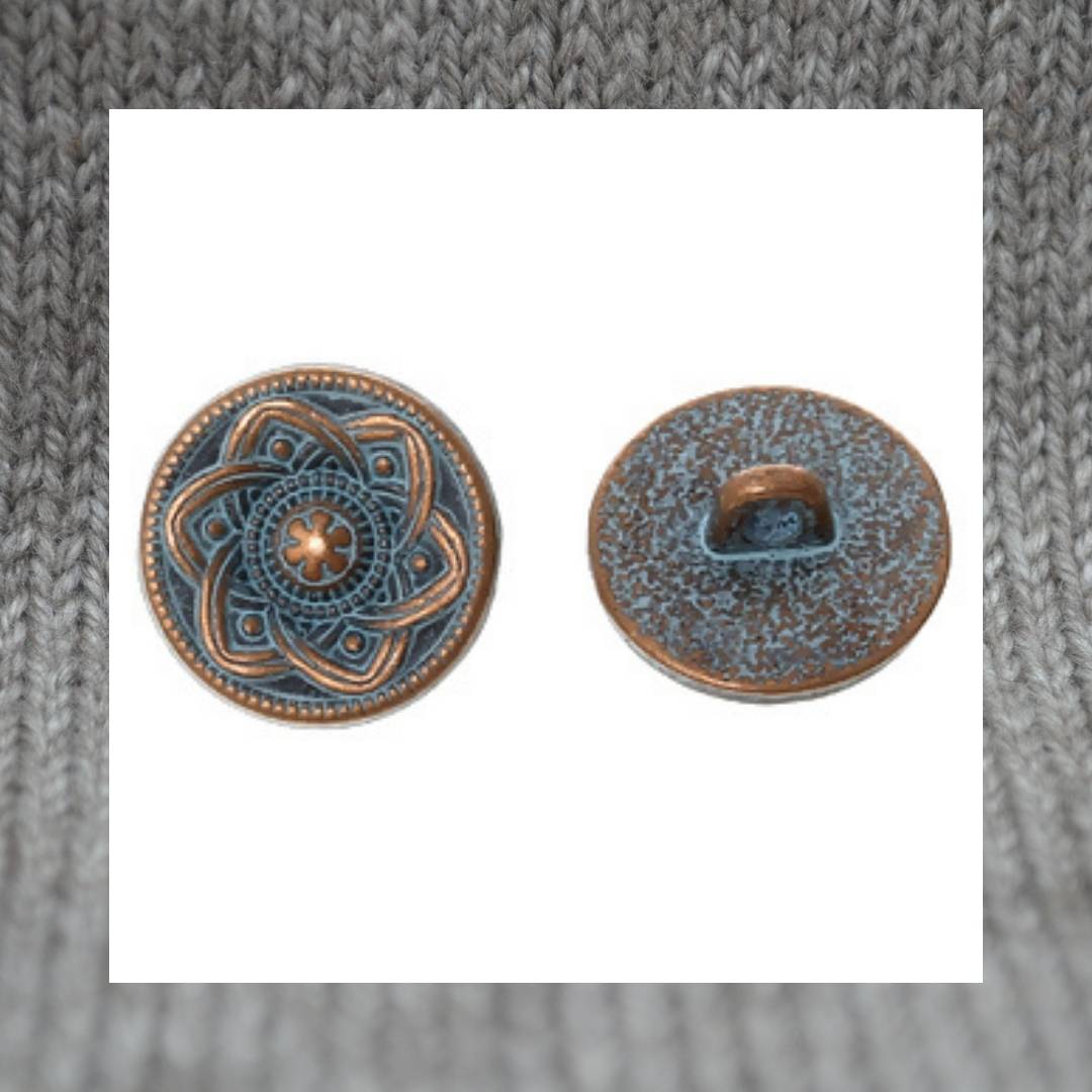 Flower metal shank buttons in a zinc based alloy, antique copper blue patina, 15mm 5/8"