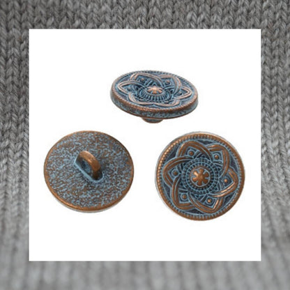 Flower metal shank buttons in a zinc based alloy, antique copper blue patina, 15mm 5/8"