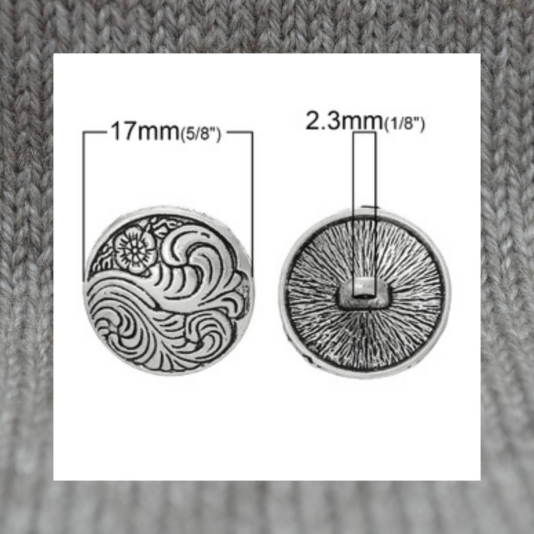 Wave & Flower metal shank buttons in a zinc based alloy, antique silver, 17mm 5/8"