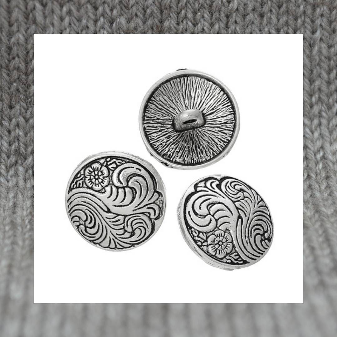 Wave & Flower metal shank buttons in a zinc based alloy, antique silver, 17mm 5/8"